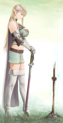 Rule 34 | 1girl, absurdres, armor, bad id, bad pixiv id, belt, blonde hair, blue eyes, boots, braid, breasts, buckle, butterfly hair ornament, cleavage cutout, clothing cutout, collar, cross-laced footwear, elbow gloves, elf, eyelashes, fantasy, female focus, full body, gloves, grass, grave, hair ornament, half-closed eyes, high heel boots, high heels, highres, holding, holding sword, holding weapon, lace-up boots, large breasts, long hair, looking down, midriff, navel, original, outdoors, own hands together, pointy ears, rock, sheath, sheathed, shisshou senkoku, single braid, sky, smile, solo, standing, sword, thigh boots, thighhighs, very long hair, weapon, white footwear