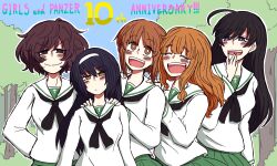 Rule 34 | 5girls, akiyama yukari, anniversary, black eyes, black hair, black neckerchief, blouse, blunt bangs, bright pupils, brown eyes, brown hair, closed eyes, closed mouth, commentary request, copyright name, day, english text, frown, girls und panzer, green skirt, hairband, half-closed eyes, hand on own hip, hand to own mouth, hands on another&#039;s shoulders, highres, isuzu hana, long hair, long sleeves, looking at another, looking at viewer, messy hair, multiple girls, neckerchief, nishizumi miho, noumen, ooarai school uniform, open mouth, orange hair, outdoors, partial commentary, pleated skirt, reizei mako, sailor collar, school uniform, serafuku, shirt, short hair, skirt, smile, standing, takebe saori, white hairband, white pupils, white sailor collar, white shirt