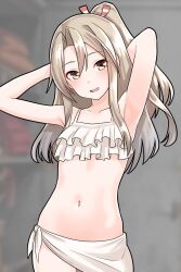 Rule 34 | 1girl, armpits, arms behind head, arms up, bikini, blurry, blurry background, breasts, brown eyes, brown hair, cowboy shot, furaggu (frag 0416), high ponytail, highres, kantai collection, light brown hair, long hair, looking at viewer, navel, ponytail, sarong, small breasts, solo, standing, swimsuit, white bikini, white sarong, zuihou (kancolle)