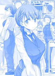 Rule 34 | :&lt;, ai-chan (tawawa), arch, blue theme, braid, breasts, building, butler, buttons, collared shirt, comic, crossdressing, cup, closed eyes, faceless, faceless male, female butler, full body, getsuyoubi no tawawa, gloves, heart, heart-shaped eyes, himura kiseki, holding, holding tray, large breasts, long sleeves, looking at viewer, looking to the side, menu, monochrome, motion lines, multiple boys, multiple girls, original, outdoors, palms together, pants, ponytail, profile, reverse trap, shirt, shoes, short hair, side braid, silent comic, silhouette, smile, solo focus, sparkle, tareme, tray, vest, volley-bu-chan (tawawa), waiter, waitress, waving, wing collar