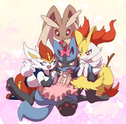 ambiguous_gender angry animal_ears black_sclera blush bow braixen cinderace colored_sclera creatures_(company) dress enohito fang fox_ears fox_tail furry game_freak gen_4_pokemon gen_6_pokemon gen_8_pokemon highres jewelry lopunny lucario necklace nintendo open_mouth orange_eyes pawpads pokemon pokemon_(creature) rabbit_ears rabbit_tail red_eyes ribbon sitting smile stick tail wolf_ears wolf_tail