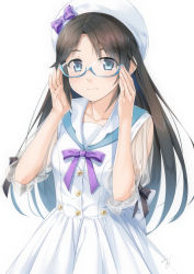 Rule 34 | 1girl, beret, black hair, blue-framed eyewear, blue eyes, blue sailor collar, blush, bow, breasts, closed mouth, collarbone, commentary request, dress, glasses, hands up, hat, hat bow, idolmaster, idolmaster shiny colors, long hair, looking at viewer, miri (ago550421), mitsumine yuika, parted bangs, pleated dress, puffy short sleeves, puffy sleeves, purple bow, sailor collar, sailor dress, see-through, see-through sleeves, semi-rimless eyewear, short sleeves, simple background, small breasts, smile, solo, striped, striped bow, under-rim eyewear, very long hair, white background, white dress, white hat