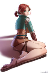 Rule 34 | 1girl, ass, barefoot, feet, green eyes, highres, long hair, looking at viewer, red hair, soles, the witcher (series), toes, triss merigold