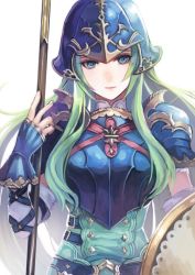 Rule 34 | 1girl, armor, belt, blue armor, blue eyes, breastplate, closed mouth, commentary request, detached sleeves, fingerless gloves, fire emblem, fire emblem: path of radiance, gloves, green eyes, green hair, helmet, holding, holding shield, holding spear, holding weapon, kokouno oyazi, light green hair, long hair, nephenee, nintendo, polearm, shield, solo, spear, standing, weapon