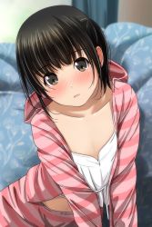 Rule 34 | 1girl, absurdres, black hair, blurry, blurry background, blush, brown eyes, camisole, collarbone, curtains, depth of field, head tilt, highres, hood, hood down, hooded jacket, indoors, jacket, long sleeves, looking at viewer, matsunaga kouyou, nose blush, open clothes, open jacket, original, panties, pants, parted lips, pink jacket, pink pants, solo, striped clothes, striped jacket, striped panties, underwear, white camisole, window