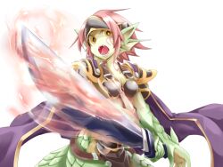Rule 34 | 1girl, animal ears, armor, black armor, bmp-to-png conversion, breasts, cape, cleavage, colored skin, cowboy shot, dragon ears, dragon girl, dragon tail, facial tattoo, fangs, fighting stance, fins, fire, flaming sword, flaming weapon, floating cape, forehead protector, frfr, game cg, granberia, green skin, hair intakes, head fins, holding, holding sword, holding weapon, looking at viewer, medium breasts, mon-musu quest!, monster girl, multicolored skin, neck tattoo, non-web source, open mouth, pointy ears, purple cape, red hair, scales, short hair, shoulder armor, simple background, solo, sword, tail, tattoo, teeth, tongue, transparent background, two-handed sword, two-tone skin, v-shaped eyebrows, weapon, wide hips, yellow eyes, yellow skin