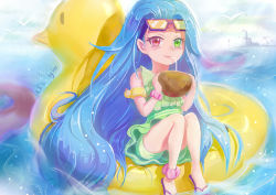 Rule 34 | 1girl, absurdly long hair, absurdres, alternate costume, alternate eye color, alternate hair color, bare shoulders, bikini, bow, bowtie, coconut, dated, drink, drinking, frilled bikini, frilled skirt, frills, fruit cup, goggles, green one-piece swimsuit, heterochromia, highres, innertube, league of legends, long hair, one-piece swimsuit, pool party zoe, sitting, skirt, swim ring, swimsuit, very long hair, zoe (league of legends)