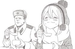 Rule 34 | 1boy, 1girl, :i, blush, bowl, brown theme, character request, closed mouth, coat, dated, eating, closed eyes, fur hat, hat, holding, holding bowl, holding spoon, horikou, long sleeves, military coat, monochrome, original, real life, scarf, short hair, signature, simple background, smile, soldier, soviet, soviet army, spoon, sweat, sweater, ushanka, very short hair, white background, yurucamp