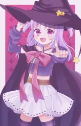 Rule 34 | 1girl, :d, arm warmers, belt, black cape, black hat, blush, brown belt, cape, criss-cross halter, crop top, detached sleeves, halterneck, hand on headwear, hat, hat ornament, healthy umasi, highres, long hair, looking at viewer, magia record: mahou shoujo madoka magica gaiden, magical girl, mahou shoujo madoka magica, misono karin, open mouth, pink ribbon, pointing, pointing at viewer, print skirt, purple eyes, purple hair, purple thighhighs, ribbon, skirt, smile, solo, standing, star (symbol), star hat ornament, star print, striped clothes, striped thighhighs, thighhighs, two side up, white skirt, witch hat, yellow gemstone