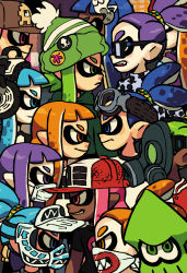 Rule 34 | 6+boys, 6+girls, alex ahad, beanie, blue eyes, blue hair, capcom, confrontation, domino mask, eye contact, face-to-face, gas mask, glasses, goggles, goggles on head, green eyes, green hair, grin, hair ornament, hairclip, half mask, hat, headphones, helmet, highres, inkling, inkling boy, inkling girl, inkling player character, long hair, looking at another, marvel vs. capcom, marvel vs. capcom 2, mask, monster boy, monster girl, mouth guard, multiple boys, multiple girls, nintendo, orange eyes, orange hair, parody, pink hair, profile, purple eyes, purple hair, serious, smile, splatoon (series), splatoon 1, squid, standoff, staring, tentacle hair, topknot