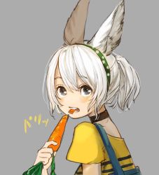 Rule 34 | 1girl, animal ears, black neckwear, blush, rabbit ears, carrot, choker, eating, food, from side, grey background, grey eyes, grey hair, hairband, highres, holding, holding food, looking at viewer, looking to the side, mouth hold, original, parted lips, ponytail, sako (35s 00), shirt, short sleeves, simple background, solo, suspenders, vegetable, yellow shirt