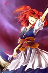 Rule 34 | 1girl, :d, arm up, hair bobbles, hair ornament, head tilt, japanese clothes, kutsuki kai, looking at viewer, obi, onozuka komachi, open mouth, petals, puffy short sleeves, puffy sleeves, red eyes, red hair, sash, scythe, shaded face, short sleeves, smile, solo, touhou, twintails, two side up
