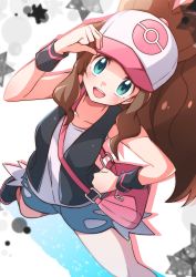 Rule 34 | 1girl, baseball cap, black vest, black wristband, blush, brown hair, collarbone, commentary, creatures (company), from above, game freak, green eyes, hand on own hip, hat, highres, hilda (pokemon), long hair, looking at viewer, miyama (yakinikusushi the royal), nintendo, open clothes, open mouth, open vest, pink bag, pokemon, pokemon bw, shirt, shorts, sidelocks, smile, solo, teeth, tongue, two-tone headwear, vest, wristband