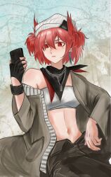 Rule 34 | 1girl, absurdres, arknights, bandana, bandeau, black gloves, black pants, cellphone, commentary request, fiammetta (arknights), fingerless gloves, gloves, grey jacket, hair between eyes, hand up, highres, holding, holding phone, jacket, long sleeves, midriff, navel, off shoulder, official alternate costume, pants, phone, pointy hair, red eyes, red hair, short hair, single bare shoulder, smartphone, solo, stomach, strapless, tube top, white headwear, yane (xingchenai184)