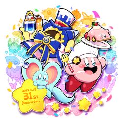 Rule 34 | :d, ^ ^, anniversary, artist name, blue eyes, blush, blush stickers, bow, bowtie, bug, butterfly, cage, cake, car-mouth cake, car mouth, chef hat, cherry, chousen yuuki, closed eyes, commentary request, confetti, conker, crown, cup, customer service (kirby), dated, doughnut, drink, drinking glass, drinking straw, drooling, electric guitar, elfilin, fecto forgo, fecto forgo (larva), food, fork, fruit, glasses, guitar, hammer, hat, hat tassel, holding, holding cup, holding fork, holding microphone, insect, instrument, kirby, kirby: right back at ya, kirby (series), kirby and the forgotten land, kirby cafe, looking at another, magolor, maxim tomato, meta knight, microphone, mortarboard, nintendo, no humans, notched ear, notice lines, one eye closed, open mouth, plate, pocket watch, pop star, rainbow gradient, reporter waddle dee, scroll, signature, simple background, smile, sparkle, sparkling eyes, star (symbol), star block, strawberry, sweatdrop, tart (food), tassel, top hat, traffic cone, twitter username, u u, waddle dee, watch, waving arms, white background, white headwear, wise waddle dee, yellow eyes