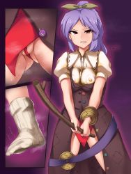 Rule 34 | belt, buttons, highres, mind control, multicolored buttons, nipples, patch, purple background, purple belt, pussy, smell, socks, tagme, watatsuki no yorihime