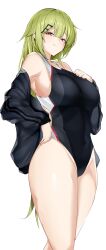Rule 34 | 1girl, absurdres, alternate costume, arched back, ass, back cutout, bare arms, bare shoulders, black jacket, black one-piece swimsuit, blush, breasts, closed mouth, clothing cutout, commission, competition swimsuit, criss-cross back-straps, from behind, girls&#039; frontline, green eyes, grey headwear, groin, hair ornament, hairclip, highleg, highleg swimsuit, highres, impossible clothes, impossible swimsuit, jacket, large breasts, long hair, long sleeves, looking at viewer, maruyaa (malya1006), median furrow, mk48 (girls&#039; frontline), off shoulder, one-piece swimsuit, open clothes, open jacket, red eyes, simple background, skeb commission, smile, smug, solo, swimsuit, taut clothes, taut swimsuit, thighs, track jacket, trefoil, two-tone one-piece swimsuit, white background, white one-piece swimsuit