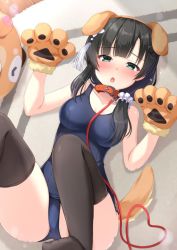 Rule 34 | 1girl, :o, animal collar, animal ears, animal hands, assault lily, bare shoulders, black hair, black thighhighs, blue one-piece swimsuit, blunt bangs, blush, breasts, brown hairband, brown tail, carpet, cleavage, collar, collarbone, commentary request, day, dog ears, dog paws, dog tail, fake animal ears, fake tail, feet out of frame, flower knot, gloves, green eyes, gungun (hakutou7887), hair ornament, hair over shoulder, hair scrunchie, hairband, half-closed eyes, hands up, heart, indoors, leash, legs up, lens flare, long hair, looking at viewer, low ponytail, lying, medium breasts, no shoes, on back, on floor, one-piece swimsuit, parted lips, paw gloves, raised eyebrows, school swimsuit, scrunchie, side ponytail, solo, stuffed toy, swimsuit, tail, tassel, tassel hair ornament, thighhighs, thighs, wang yujia, white scrunchie