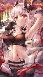Rule 34 | 1girl, arknights, arm up, armpits, black choker, black gloves, breasts, choker, commentary request, crop top, gloves, hand up, highres, horns, long hair, long sleeves, looking at viewer, material growth, medium breasts, midriff, mudrock (arknights), mudrock (elite ii) (arknights), navel, nyamaso, oripathy lesion (arknights), outdoors, parted lips, pointy ears, red eyes, sarashi, silver hair, solo, sports bra, stomach, sweat, upper body