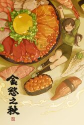 Rule 34 | 1girl, absurdres, arm up, black shorts, black socks, bowl, clenched hand, closed eyes, closed mouth, closet, commentary request, facing viewer, fish (food), fishdry, food, food focus, green shirt, gunkanmaki, hair over shoulder, happy, highres, ikura (food), kaisendon, knee up, kneehighs, lying, mini person, minigirl, nigirizushi, on back, original, oversized food, oversized object, raw egg, rice, sashimi, scallop, shirt, shoes, shorts, shrimp, sleeves past elbows, smile, socks, solo, stretching, sushi, white footwear