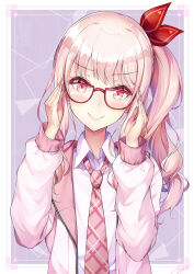 1other adjusting_eyewear akiyama_mizuki bespectacled blush border closed_mouth collared_shirt commentary drill_hair glasses grey_background hair_ornament highres jacket long_hair long_sleeves looking_at_viewer multicolored_clothes multicolored_jacket necktie novady open_clothes open_jacket other_focus outside_border pink_eyes pink_hair pink_jacket pink_necktie plaid_clothes plaid_necktie project_sekai red-framed_eyewear semi-circular_eyewear shirt side_drill signature smile solo two-tone_jacket upper_body white_border white_jacket white_shirt