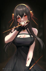 Rule 34 | 1girl, artist name, bare shoulders, black dress, black gloves, black hair, blood, blood on breasts, blood on hands, bloody knife, bloody weapon, blush, breasts, cleavage, cowboy shot, dagger, dress, dual wielding, fingerless gloves, flower, glint, gloves, gold hairband, hair flower, hair ornament, hairband, hand up, highres, holding, holding dagger, holding knife, holding weapon, kamaniki, knife, large breasts, light particles, long hair, red eyes, rose, sidelocks, solo, spikes, spy x family, weapon, yor briar