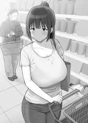 Rule 34 | 2girls, bag, bra visible through clothes, breasts, closed mouth, collarbone, cowboy shot, denim, high ponytail, highres, hiyori hamster, jeans, jewelry, large breasts, light blush, looking to the side, mature female, monochrome, multiple girls, original, pants, ponytail, ring, shelf, shirt, shopping, shopping cart, short sleeves, shoulder bag, sidelocks, solo focus, standing, t-shirt, tile floor, tiles, watch, wristwatch