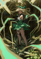 Rule 34 | 1girl, 2022, absurdres, angry, bare shoulders, black footwear, black gloves, blonde hair, blood, blood on face, bow, clenched teeth, cuts, elbow gloves, floating hair, forest, full body, gloves, green bow, green ribbon, green skirt, hair bow, hair ribbon, halterneck, hands on hilt, high-waist skirt, highres, injury, long hair, looking at viewer, nature, nijisanji, nijisanji en, outdoors, planted, planted sword, planted weapon, pointy ears, pomu rainpuff, pomu rainpuff (1st costume), protojops, red eyes, ribbon, shoes, signature, skirt, solo, standing, sword, teeth, virtual youtuber, weapon