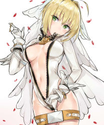 Rule 34 | 10s, 1girl, ahoge, belt, belt buckle, belt skirt, blonde hair, blush, breasts, breasts apart, bridal veil, buckle, center opening, chain, cowboy shot, eyebrows, fate/extra, fate/extra ccc, fate/grand order, fate (series), full-length zipper, gloves, green eyes, groin, hair between eyes, hair intakes, hand up, head tilt, high collar, highleg, highleg leotard, highres, holding, index finger raised, key, kyouki, leotard, lock, long sleeves, looking at viewer, medium breasts, mouth hold, navel, nero claudius (bride) (fate), nero claudius (fate), nero claudius (fate) (all), no bra, open clothes, padlock, petals, short hair, short hair with long locks, sidelocks, sketch, solo, standing, unzipped, unzipping, veil, white gloves, white leotard, wrist cuffs, zipper