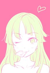 Rule 34 | 1girl, bang dream!, blonde hair, condom, condom in mouth, female focus, flat color, heart, kimino tomonari, long hair, mouth hold, one eye closed, pink background, portrait, simple background, smile, solo, topless frame, tsurumaki kokoro
