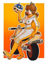 Rule 34 | 1girl, absurdres, arm support, blue eyes, blue shell (mario), bodysuit, breasts, brown hair, cleavage, highres, large breasts, legs, looking at viewer, mario (series), mario kart, mario kart wii, motor vehicle, motorcycle, nintendo, parted lips, princess, princess daisy, red lips, roboticsteve, short hair, sitting, smile, solo, thighs