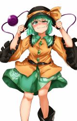 Rule 34 | 1girl, black footwear, black frills, black hat, blouse, blush, boots, closed mouth, collared shirt, commentary request, eyeball, eyes visible through hair, feet out of frame, frilled shirt collar, frilled sleeves, frills, green eyes, green hair, green skirt, hands up, hat, hat tug, highres, knee boots, komeiji koishi, legs, long sleeves, looking at viewer, nasunasuurin, shirt, short hair, simple background, single knee boot, skirt, solo, third eye, touhou, up sleeve, wavy mouth, white background, wide sleeves