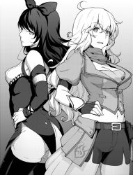 Rule 34 | 2girls, ahoge, armpit peek, ass, back-to-back, bare shoulders, black dress, blake belladonna, bow, breasts, cleavage, cowboy shot, detached sleeves, dress, fingerless gloves, gloves, greyscale, groin, hair bow, hand on own hip, hiroya juuren, large breasts, long hair, monochrome, multiple girls, navel, pantyhose, parted lips, puffy short sleeves, puffy sleeves, rwby, scarf, short sleeves, shorts, strapless, thighhighs, tube top, waist cape, yang xiao long