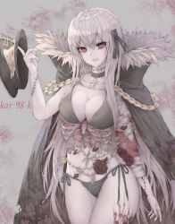 Rule 34 | 1girl, absurdres, bad id, bad pixiv id, bandages, blood, breasts, character name, choker, cleavage, collarbone, cross, cross choker, entrails, girls&#039; frontline, grey hair, highres, iron cross, kar98k (girls&#039; frontline), large breasts, looking at viewer, muted color, myless, organs, pale skin, parted lips, red eyes, smile, solo
