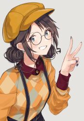 Rule 34 | 1girl, black hair, blue eyes, blue nails, blush, buttons, commentary request, diagonal bangs, double bun, flat cap, glasses, grey background, hair bun, hanetsuka, hat, idolmaster, idolmaster shiny colors, long sleeves, looking at viewer, mitsumine yuika, nail polish, red shirt, round eyewear, shirt, sidelocks, simple background, smile, solo, suspenders, sweater, teeth, twintails, upper body, v, yellow hat