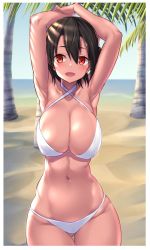 Rule 34 | 1girl, armpits, arms behind head, arms up, beach, bikini, black hair, blue sky, breasts, buta-don, cassis (buta-don), cleavage, cowboy shot, criss-cross halter, day, gluteal fold, halterneck, highres, horizon, large breasts, looking at viewer, navel, open mouth, original, outdoors, palm tree, red eyes, short hair, skindentation, sky, smile, solo, standing, swimsuit, thigh gap, tree, white bikini