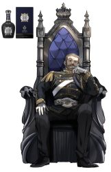 Rule 34 | 1boy, aiguillette, alcohol, beard, brk 603, brown hair, epaulettes, facial hair, gloves, head rest, highres, jacket, looking at viewer, male focus, mature male, original, personification, red eyes, sitting, throne, whiskey, white background
