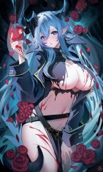 Rule 34 | 1girl, absurdres, azur lane, blue eyes, blue hair, blush, breasts, cleavage, flower, food, fruit, hair between eyes, hand up, highres, holding, holding food, holding fruit, horns, large breasts, long sleeves, looking at viewer, mary celeste (azur lane), navel, parted lips, pelvic curtain, pointy ears, rose, solo, tansuan (ensj3875), thighs