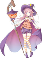 Rule 34 | 1girl, absurdres, artist request, blush, bracelet, braid, brave girl ravens, breasts, chain, cleavage, copyright request, earrings, french braid, full body, gradient hair, happy, hat, highres, holding, jack-o&#039;-lantern, jewelry, kou mashiro, kurokawa izumi, long hair, looking at viewer, michelle+ (hw), michelle jiralbell, multicolored hair, orange thighhighs, pink hair, pointy footwear, purple eyes, shoes, simple background, sleeveless, small breasts, smile, solo, staff, striped clothes, striped thighhighs, thighhighs, vertical stripes, white background, white hair, white thighhighs, witch, witch hat