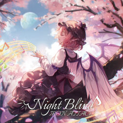 Rule 34 | 1girl, album cover, animal ears, beamed sixteenth notes, bird ears, bird wings, brown dress, brown hat, cherry blossoms, closed eyes, cover, day, dress, earrings, eighth note, feathered wings, fingernails, frilled dress, frills, gibbous moon, green nails, hair between eyes, hat, highres, in tree, jewelry, kyusoukyu, long fingernails, long sleeves, moon, musical note, mystia lorelei, nail polish, open mouth, outdoors, petals, pink hair, quarter note, sharp fingernails, short hair, single earring, sitting, sitting in tree, sleeve garter, solo, touhou, tree, white wings, winged hat, wings