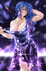 1girl absurdres arm_behind_head azur_lane blue_hair blush breasts cleavage collarbone crystal crystal_dress curly_hair dress glowing_clothes hair_between_eyes hair_ornament highres large_breasts multicolored_hair purple_dress purple_eyes purple_hair shiny_clothes simple_background sparkle sparkle_background st._louis_(azur_lane) takie_arts two-tone_hair undressing