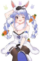 Rule 34 | 1girl, animal ear fluff, animal ears, ankle cuffs, arm cuffs, black gloves, black leotard, black pantyhose, blue footwear, blue hair, blush, booota, braid, breasts, carrot hair ornament, cleavage, coat, commentary, don-chan (usada pekora), food-themed hair ornament, foreshortening, fur-trimmed coat, fur-trimmed gloves, fur scarf, fur trim, gloves, hair ornament, hololive, leotard, light blue hair, long hair, looking at viewer, multicolored hair, off-shoulder coat, off shoulder, one eye closed, open mouth, pantyhose, playboy bunny, rabbit ears, rabbit girl, red eyes, shoes, simple background, sitting, small breasts, smile, solo, thick eyebrows, thigh strap, twin braids, twintails, two-tone hair, usada pekora, usada pekora (1st costume), v, virtual youtuber, white background, white coat, white hair