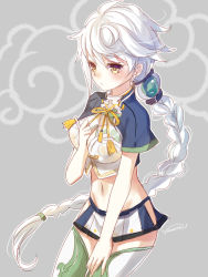 Rule 34 | 10s, 1girl, arm at side, bad id, bad pixiv id, braid, breasts, cleavage cutout, clothing cutout, cloud print, crop top, from side, green thighhighs, hair ornament, hand on own chest, kantai collection, long hair, looking down, midriff, miniskirt, navel, nunucco, short sleeves, silver hair, single braid, skirt, solo, thighhighs, unryuu (kancolle), very long hair, wavy hair, yellow eyes, zettai ryouiki