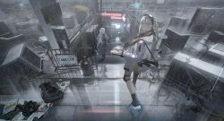 Rule 34 | 2girls, absurdres, bicycle, blonde hair, boots, city, cityscape, closed mouth, commentary, english commentary, goggles, goggles on head, grey pants, gun, hair between eyes, highres, holding, holding gun, holding weapon, jacket, knee pads, long hair, long sleeves, looking at viewer, looking back, multiple girls, neon lights, orange eyes, original, pants, rain, reflection, road sign, shoes, short hair, sign, socks, stairs, standing, tmt, trash bag, very long hair, walking, weapon, white hair