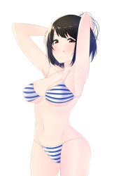 Rule 34 | 1girl, :q, armpits, arms behind head, bang dream!, bare legs, bare shoulders, bikini, black hair, blush, bouhatei (t-back), breasts, commentary request, cowboy shot, groin, hand in own hair, head tilt, highres, looking at viewer, medium breasts, navel, red eyes, short hair, simple background, smile, solo, standing, stomach, striped bikini, striped clothes, swimsuit, thong bikini, tongue, tongue out, tsukishima marina, white background