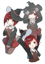 Rule 34 | 10s, 1girl, blush, brown eyes, danganronpa (series), danganronpa v3: killing harmony, hat, hat tug, long sleeves, looking at viewer, multiple views, outstretched arms, pantyhose, pleated skirt, red hair, saru, school uniform, short hair, skirt, smile, sparkle, witch hat, yumeno himiko