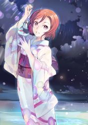 Rule 34 | 10s, 119, 1girl, arm up, bad id, bad pixiv id, bag, fish, goldfish, highres, japanese clothes, kimono, looking at viewer, love live!, love live! school idol festival, love live! school idol project, night, nishikino maki, parted lips, purple eyes, red hair, short hair, solo, standing