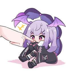Rule 34 | +++, 1girl, 1other, arknights, black footwear, black jacket, black shorts, blush, boots, chibi, colored shadow, commentary request, fur-trimmed jacket, fur trim, hair ornament, hairclip, head wings, jacket, kurotofu, long sleeves, manticore (arknights), mini person, minigirl, open clothes, open jacket, out of frame, pink wings, purple hair, red eyes, scorpion tail, shadow, shoe soles, short shorts, shorts, sitting, solo focus, tail, thighhighs, thighhighs under boots, twintails, white background, white thighhighs, wings
