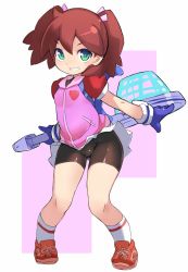 Rule 34 | 1girl, backpack, bag, bike shorts, black shorts, blue gloves, brown hair, commentary request, full body, gloves, green eyes, grin, hair between eyes, highres, jacket, karukan (monjya), long hair, miniskirt, net, outstretched arms, pink background, pink jacket, ribbon, saru getchu, sayaka (saru getchu), shoes, short shorts, shorts, simple background, skirt, smile, sneakers, socks, solo, standing, twintails, v-shaped eyebrows, white background, white skirt, white socks, wind, wind lift