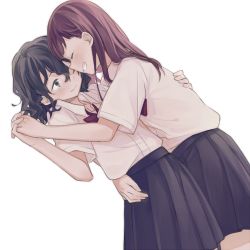 Rule 34 | 2girls, black hair, black skirt, blue eyes, bow, bowtie, closed mouth, commentary request, curly hair, closed eyes, grin, holding hands, hand on another&#039;s back, hand on another&#039;s waist, highres, interlocked fingers, inuko (ink0425), light blush, long hair, medium hair, mizuno to chayama, multiple girls, pleated skirt, red hair, red neckwear, school uniform, shirt, short sleeves, simple background, skirt, smile, white background, white shirt, yuri